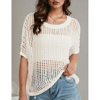 Womens Crewneck Tops Oversized Short Sleeve Mesh Knit Sweater Shirts Beach Swimsuit Swim Cover Sexy Trendy Knitwear Comfort B...