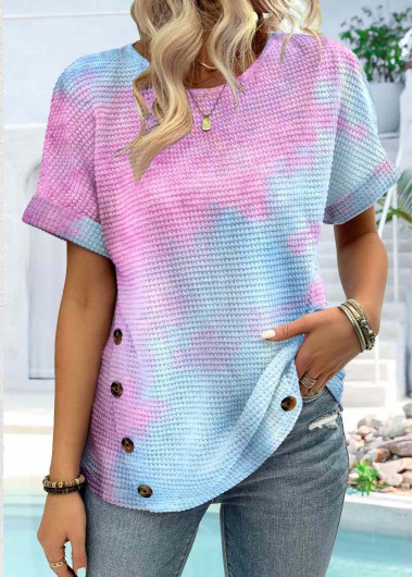 Modlily Blue Button Ombre Short Sleeve Round Neck T Shirt - L