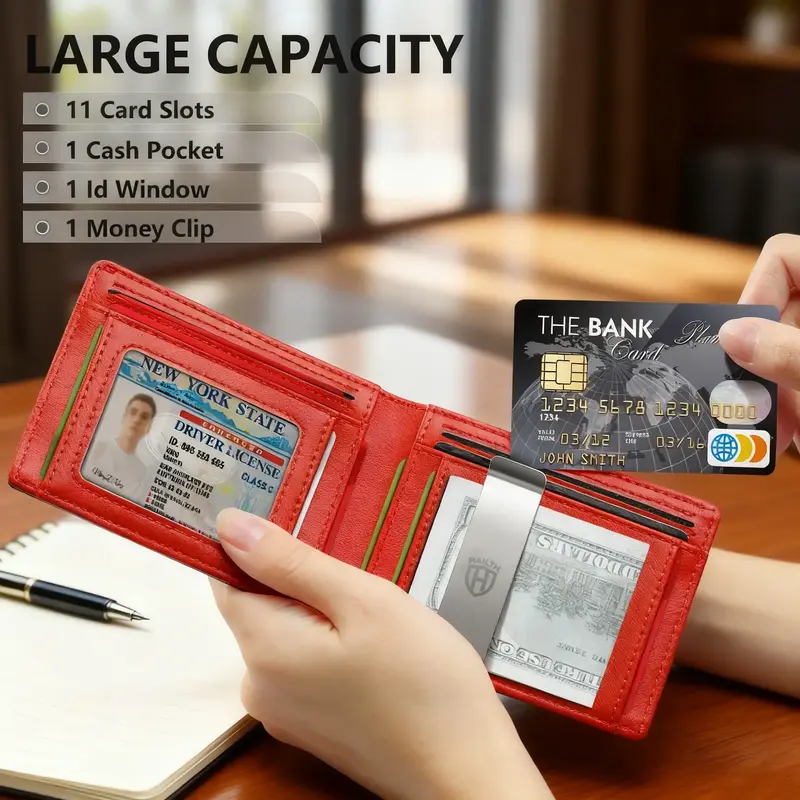 Men's Ultra-Thin RFID Blocking Leather Wallet - 12 Card Slots with ID Window, Slim Bifold Front Pocket Design, Premium Gift B...