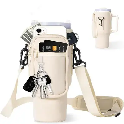 Portable Travel Water Bottle Holder with Adjustable Shoulder Strap, Modern Water Bottle Storage Bag with Mountaineering Buc...