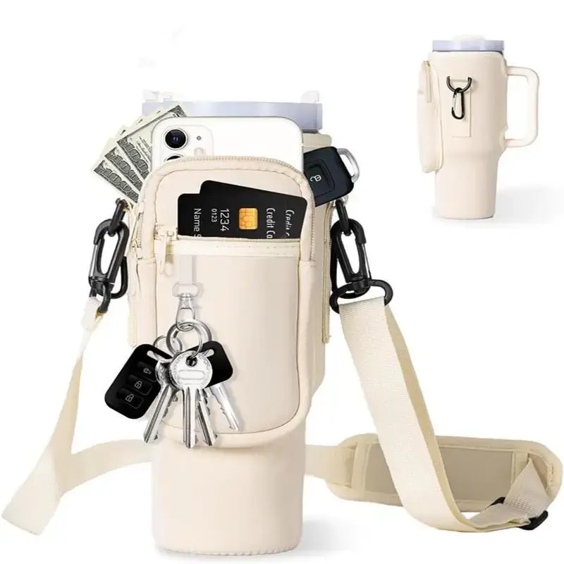 Portable Travel Water Bottle Holder with Adjustable Shoulder Strap, Modern Water Bottle Storage Bag with Mountaineering Buc...