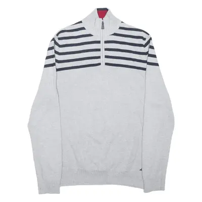 NAUTICA Patterned Jumper Grey Striped Tight Knit 1/4 Zip Mens L