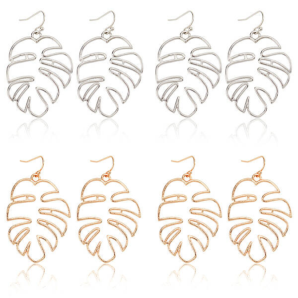 4 Pairs 2 Colors Alloy Hollow Out Monstera Leaf Dangle Earrings for Women
