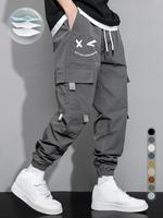 Men's Cartoon Face & Letter Print Drawstring Waist Cargo Pants, Casual Regular Fit Utility Jogger Bottoms, Men's Trousers for...