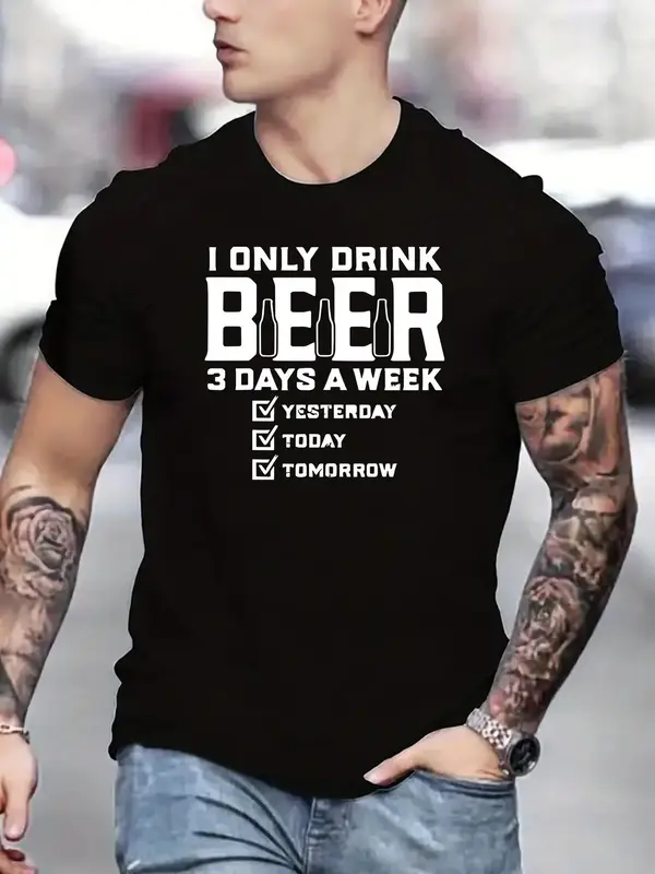 Men's Regular Fit Letter Print Round Neck Tee, Crew Neck Short Sleeve T-shirt, Summer Clothes, Casual Comfy Streetwear for Su...