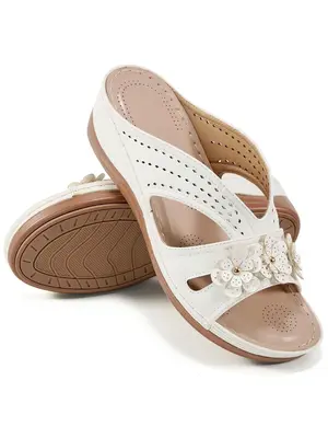 Women's Fashionable Hollow out Design & Flower Decor Slip on Wedges Sandals, Casual Comfortable Sandals for Summer, Soft & Br...
