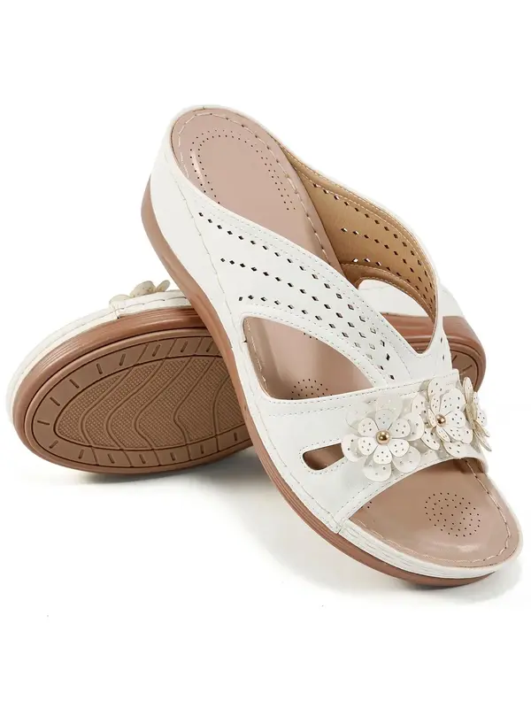 Women's Fashionable Hollow out Design & Flower Decor Slip on Wedges Sandals, Casual Comfortable Sandals for Summer, Soft & Br...