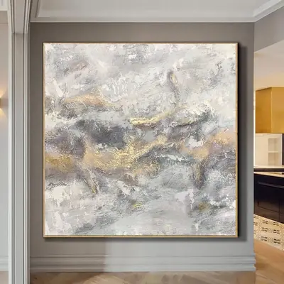 Extra Large Abstract Art Original Painting Gray Oil Painting Abstract Modern Canvas Gold Leaf Abstract Painting Wall Art | GO...
