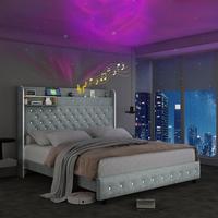 Queen Led Bed Frame with Galaxy Aurora Star Projector, Queen Platform Bed with Charging Station, 52\
