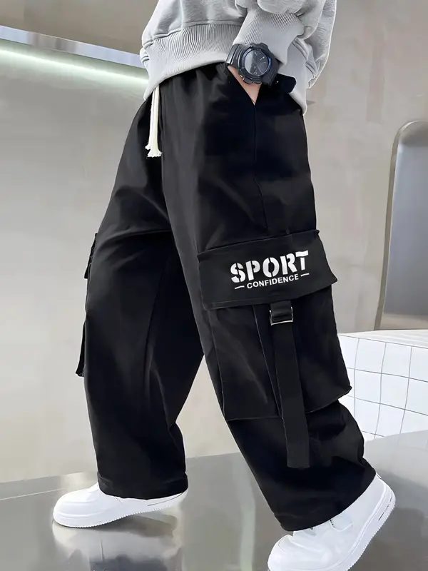 Boy's Letter Print Buckle Drawstring Cargo Pants, Casual Elastic Waist Multi-Pocket Trousers for Daily Wear, Kids Bottoms for...