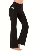 【Plus Size】 Plain Pocket Flare Leg Sports Tummy Control Leggings, Sporty High Stretch Bell Bottom Leggings for Yoga Gym F...