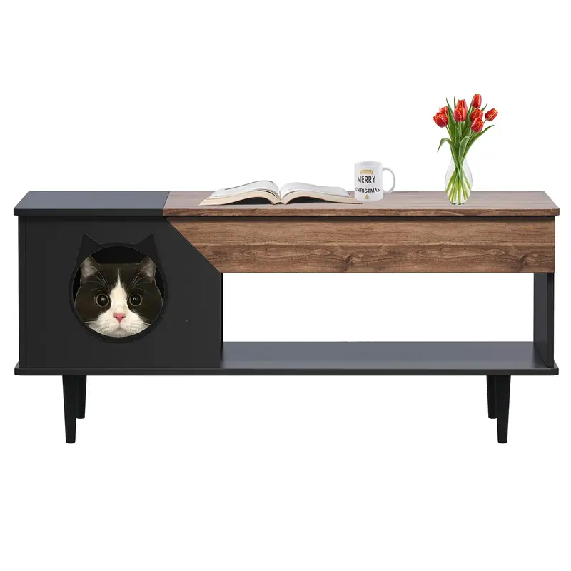 Garvee Cat Litter Box Enclosure, Cat Head Decor Storage Cabinet, Hidden Litter Box Furniture, Wooden Cats Washroom Furniture,...