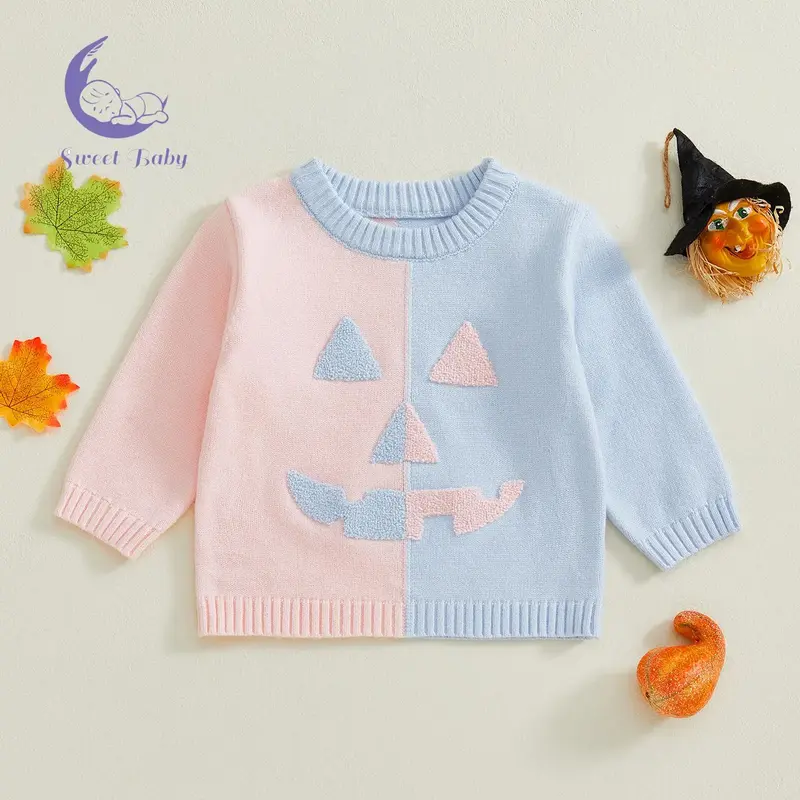 Baby Halloween Sweaters Long Sleeve Round Neck Contrast Color Pumpkin Print Tops Toddler Sweatshirts Boy Outfits Gift Clothes
