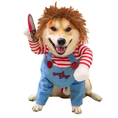 Funny Chucky Dog Costume with Pet Wig, Cosplay Scary Outfit with Knife, Creative Pet Costume for Small Medium and Large Dogs ...