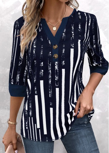 Modlily Navy Patchwork Striped 3/4 Sleeve Split Neck Blouse - L