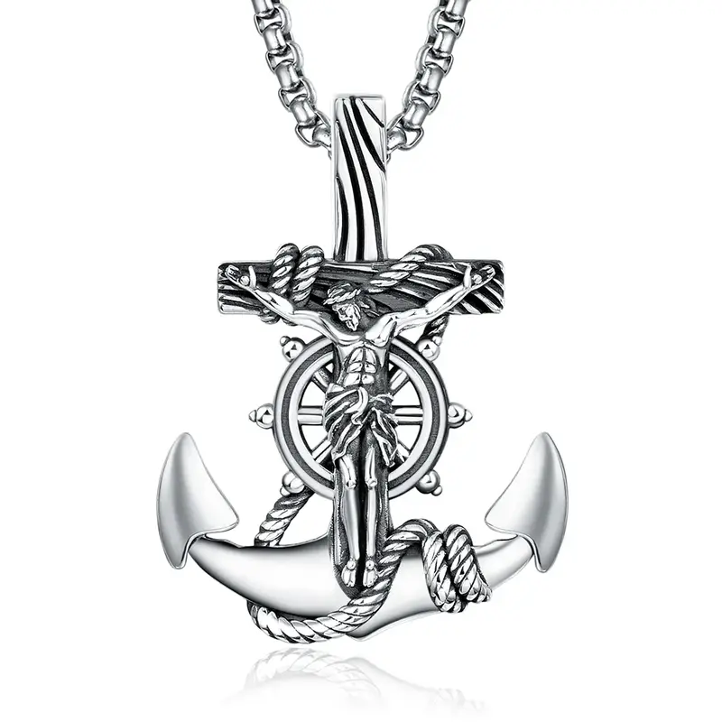 S925 Sterling Silver Anchor and Jesus Pendant Necklace for Men and Women