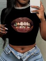 Women's Lip Print Round Neck Crop Tee, Fashion Casual Crew Neck T-shirt for Daily Holiday Vacation Outdoor Wear, Ladies Cloth...