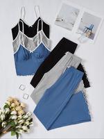 Women's Contrast Binding Lettuce Trim Pyjama Set, Adjustable Spaghetti Strap Crop Cami Top & Bow Decor Elastic Waist Pants Pj...