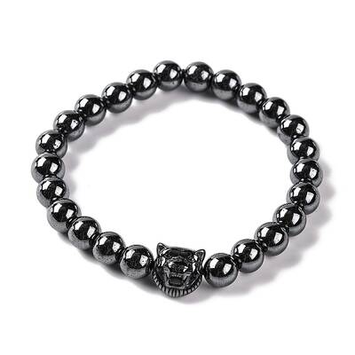 Round & Tiger Head Synthetic Non-magnetic Hematite Beaded Stretch Bracelets for Women