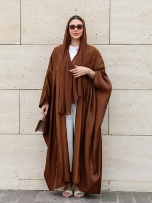 Women's Solid Batwing Sleeve Abaya with Hijab, Pakistani Outfits, Modest Casual Open Front Arabic Clothing for Daily Wear, S...