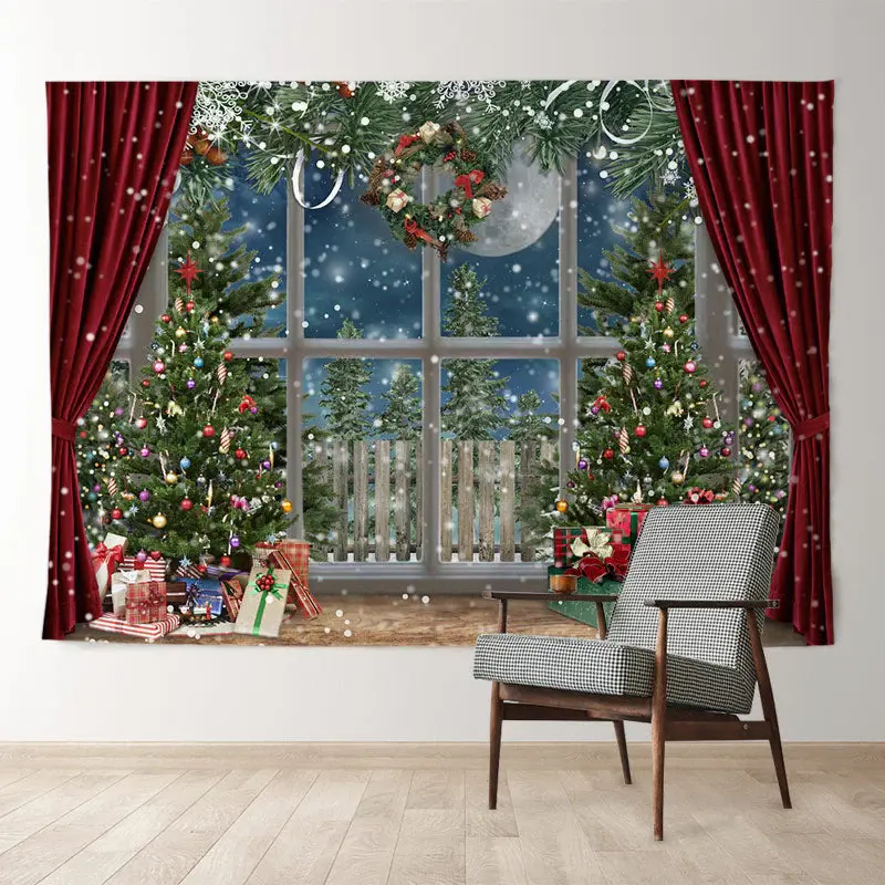 Aperturee Snowy Christmas Wreath Trees Curtain Backdrop