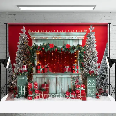 Festive Christmas Red Wall Green Shelves Backdrop - Aperturee