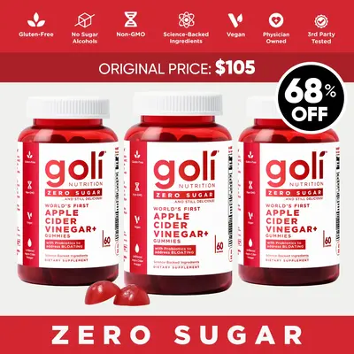 3 Bottles of Goli Zero Sugar World's First Apple Cider Vinegar Gummies - Vitamin B12, Probiotics to Address Bloating. Vegan, ...
