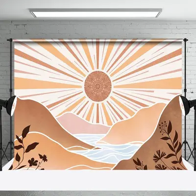 Boho Sun Lake Mountain Leaves Natural Party Backdrop