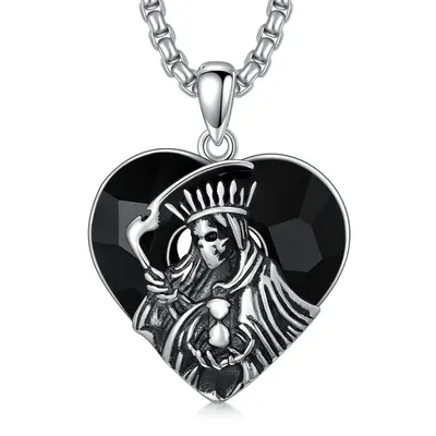 Sterling Silver Santa Muerte Perdoname Crystal Pendant Necklace