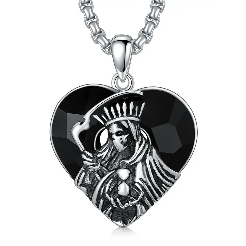 Sterling Silver Santa Muerte Perdoname Crystal Pendant Necklace