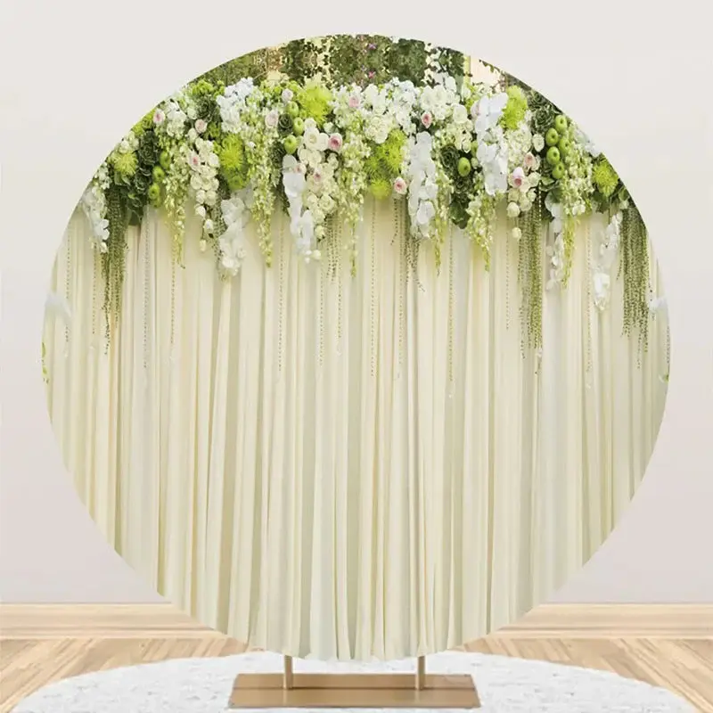 White Floral Leaves Curtain Round Wedding Backdrop - Aperturee