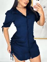 Women's Solid Color Shirt Collar Curved Hem Dress, Casual Short Sleeve Button Decor Short Dress for Daily Wear, Ladies Clothe...
