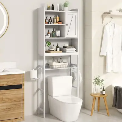 AWQM Over The Toilet Storage Cabinet, Freestanding Bathroom Organizer with Adjustable Shelf & Paper Hook, Space-Saving Toilet...