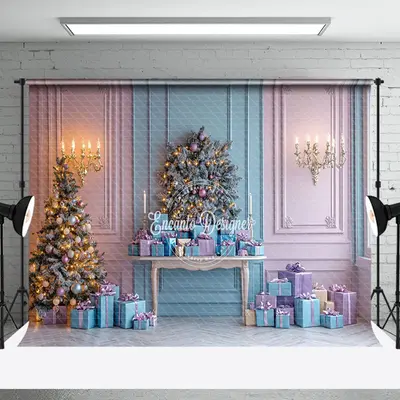 Pink Blue Wall Gift Box Pine Tree Christmas Backdrop - Aperturee