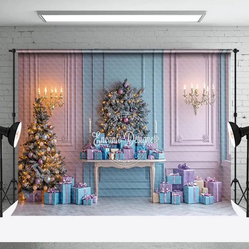 Pink Blue Wall Gift Box Pine Tree Christmas Backdrop - Aperturee