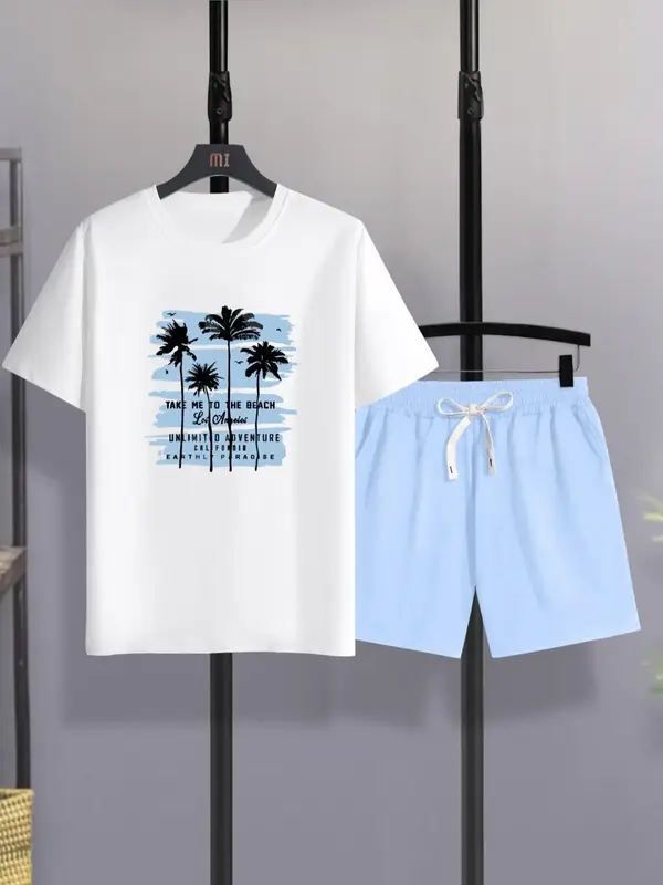 Two Counts Men's Simple Plants Print Shortsleeve Tee Shirt & Pocket Drawstring Shorts Suits Set, Back To School Men's Clothin...