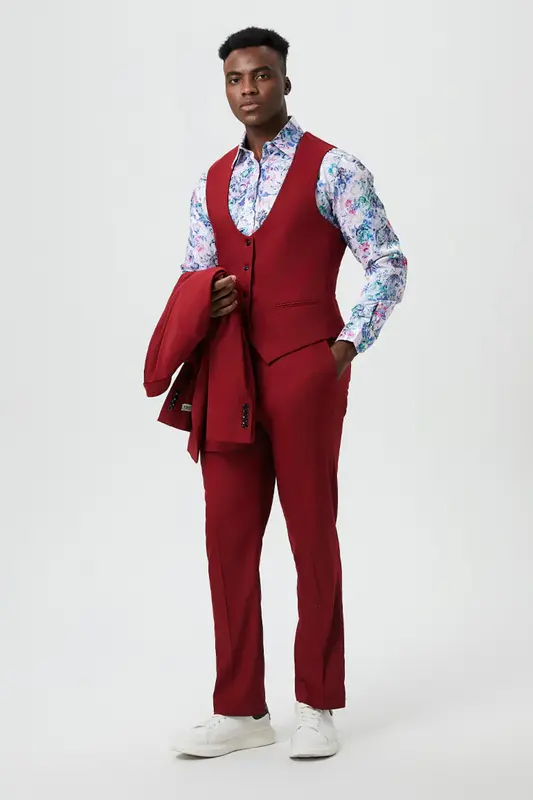 Mens Stacy Adams Suit - Stacy Adams Suit Men's Designer Suit - Cherry Red, One Button Peak Lapel with Vest