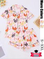 Women's All Over Cartoon Chicken Print Short Sleeve Pajama Two-piece Set, Regular Fit Casual Comfy Chest Pocket Design Shorts...