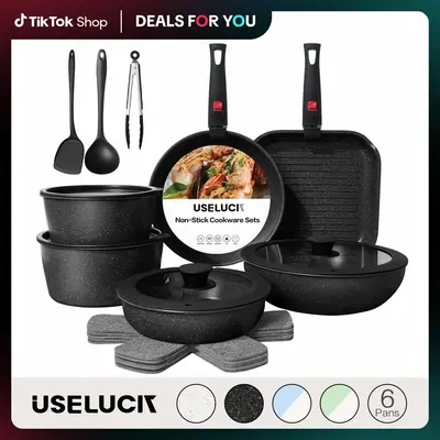 USELUCK-Camping and Baking Removable Handles, Non-Stick Cookware Sets, Essential Stackable Non-Stick Cookware Sets (Oven Safe...