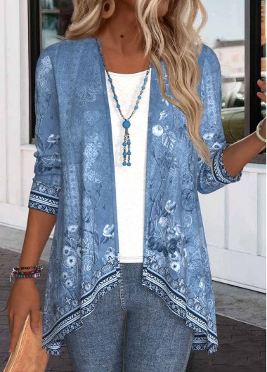 Modlily Denim Blue Patchwork Floral Print Long Sleeve Light Cardigan - M