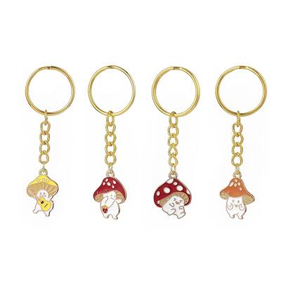 4Pcs 4 Styles Alloy Enamel Pendants Mushroom Character Keychain