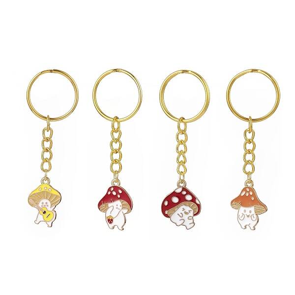 4Pcs 4 Styles Alloy Enamel Pendants Mushroom Character Keychain