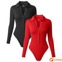 OQQ women's collar solid button down long sleeve V-neck tights stretch women's two-piece set Casual Womenswear