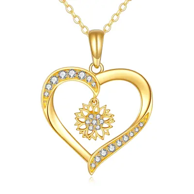 14K Gold Cubic Zirconia Sunflower & Heart Pendant Necklace