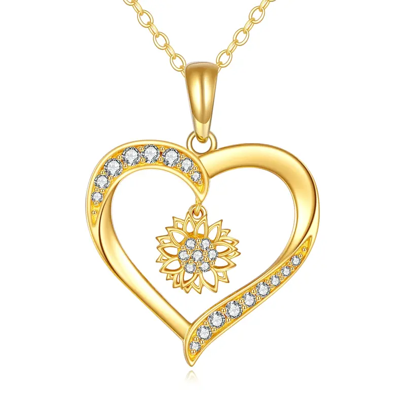 14K Gold Cubic Zirconia Sunflower & Heart Pendant Necklace