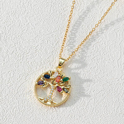 18K Gold Plated Tree of Life Pendant Necklace with CZ Stones Circle Cutout