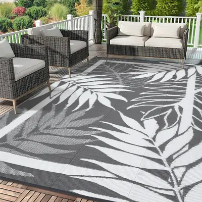 Garvee Outdoor Waterproof Reversible Rug – Modern Grey & White Plastic Patio Carpet, UV & Fade Resistant, Non-Slip, Easy Cl...