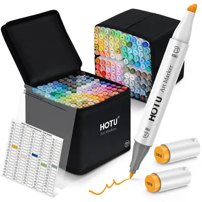 HOTU Dual Tip Alcohol Markers Set – 60/100/120 Colors, Fine/Brush & Chisel Tips, Easy Blending, Safe Materials, Colorless B...