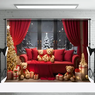 Aperturee Red Sofa Bears Snowy Window Scene Christmas Backdrop - Aperturee
