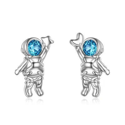Sterling Silver Circular Shaped Cubic Zirconia Astronaut Stud Earrings
